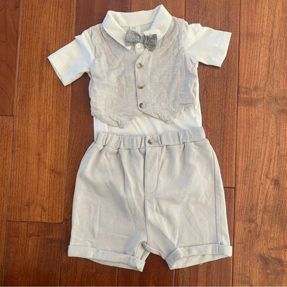 H&M Boy formal wear Size 2T Bow Tie Bodysuit Linen Vest Shorts Outfit Dressy set